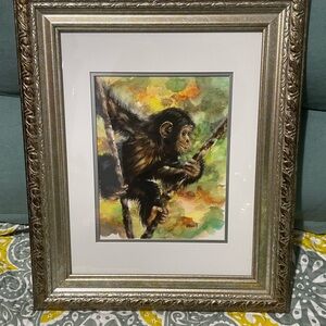 Original Framed Chimpanzee Water Color Painting